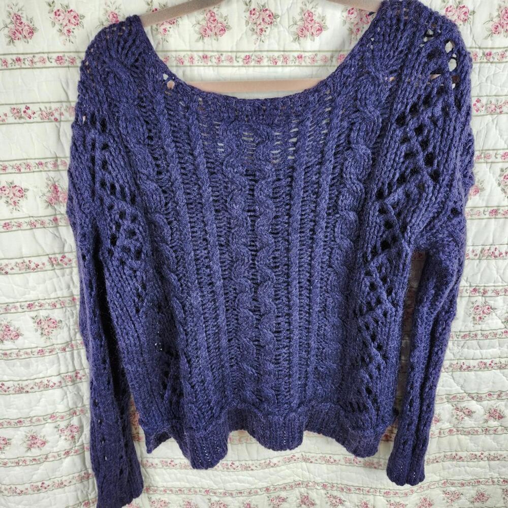 Free People Cable‎ Knit Sweater Pullover Open Knit Purple Boho Size M - Picture 4 of 5